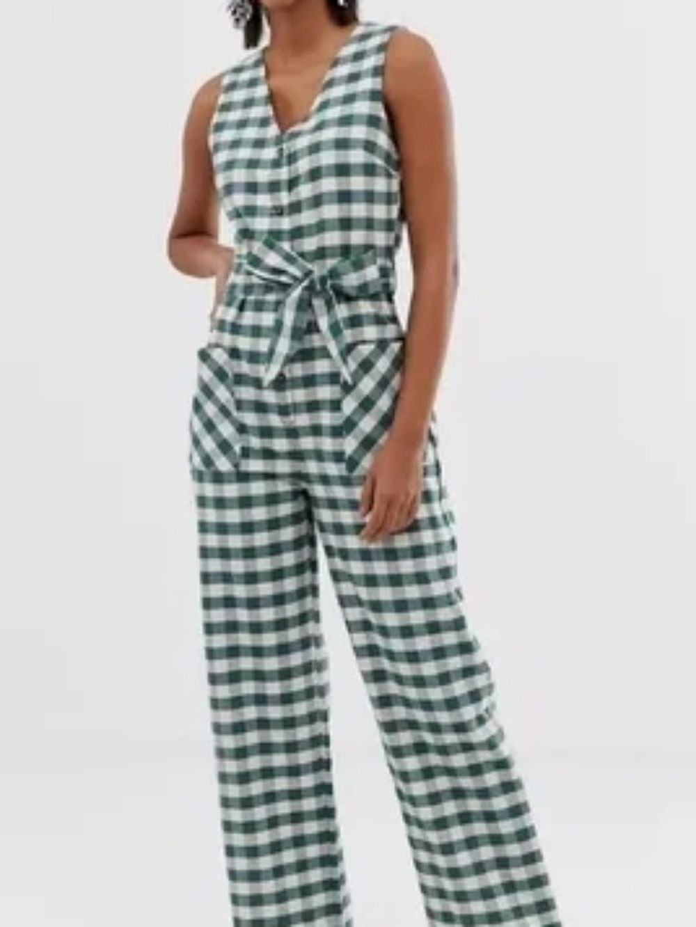 Mango MNG size 4 Plaid Gingham Button Jumpsuit Tie Sleeveless Cotton/ Linen